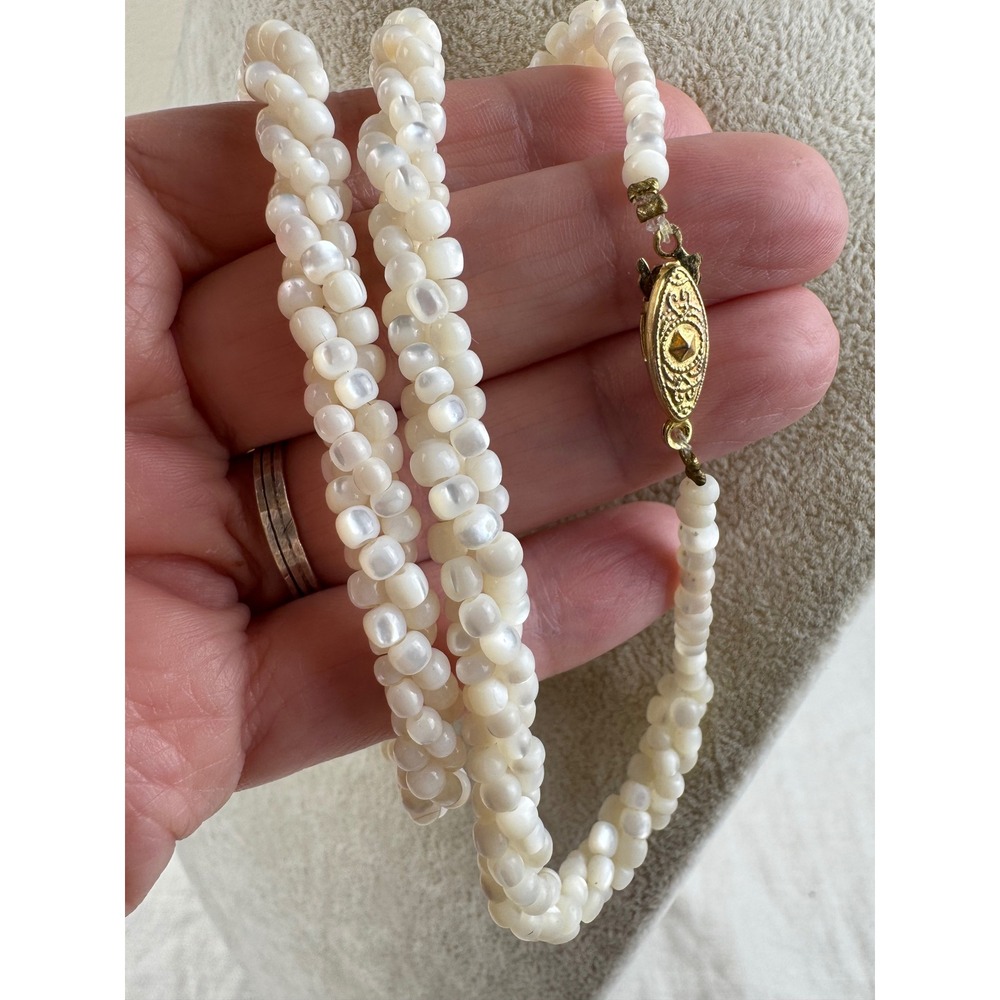 Vintage Mother of Pearl Torsade Necklace 3 Strand Twisted Shell Iridescent 22.5"